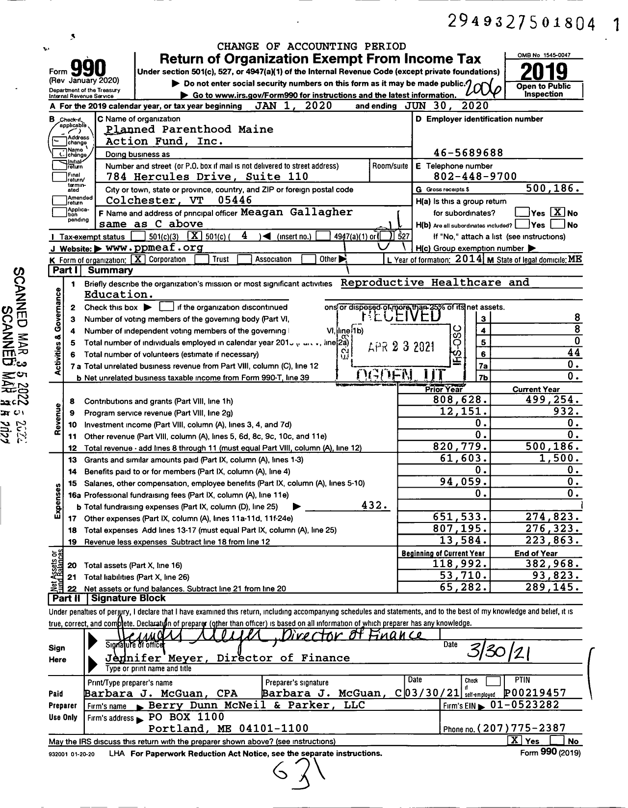 Image of first page of 2019 Form 990O for Planned Parenthood Maine Action Fund