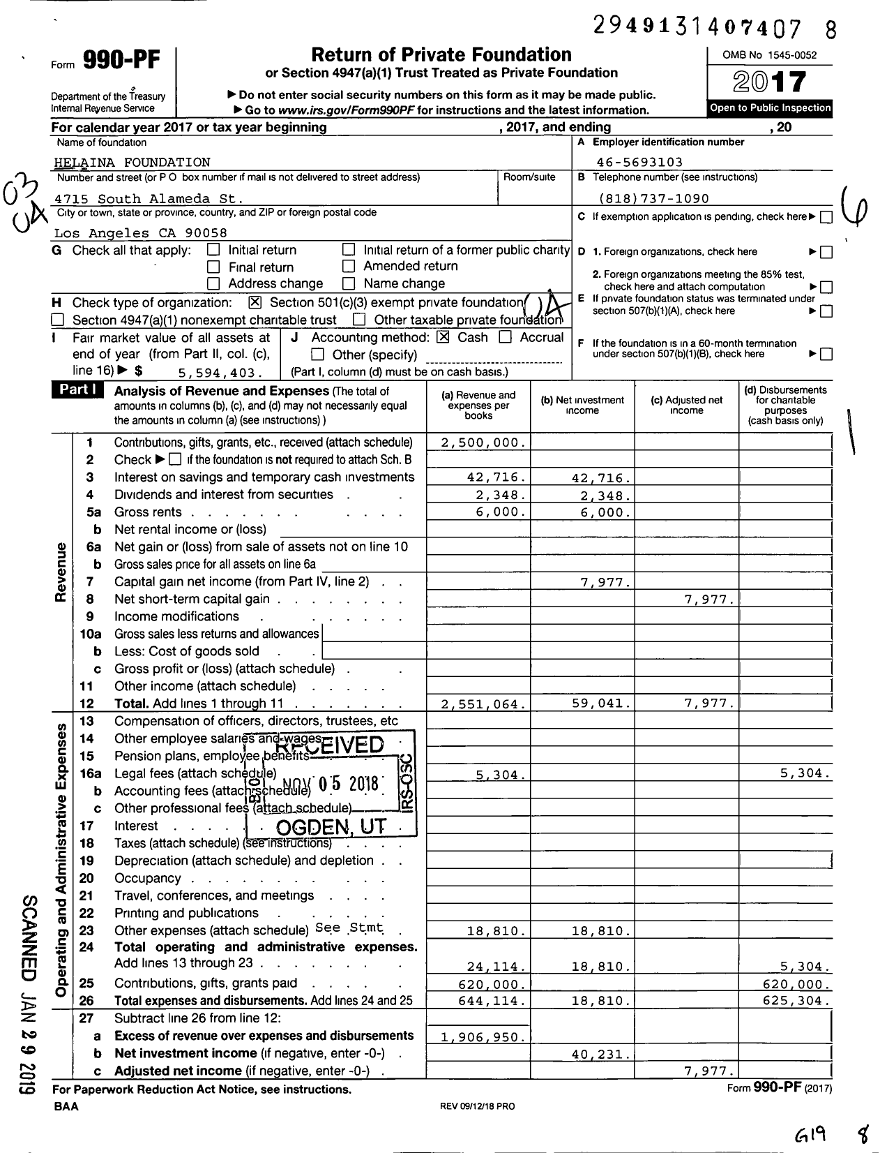 Image of first page of 2017 Form 990PF for Helaina Foundation