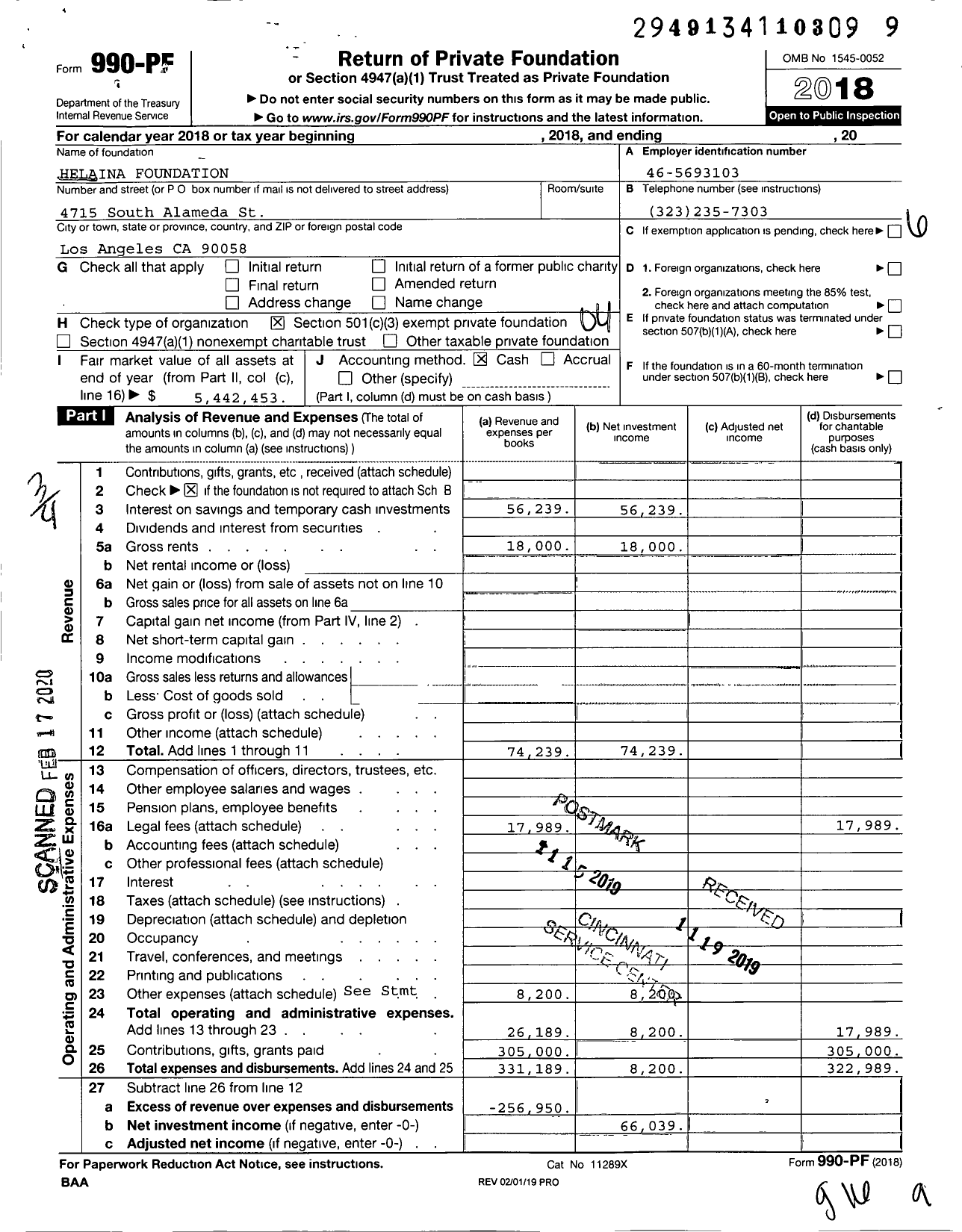 Image of first page of 2018 Form 990PF for Helaina Foundation