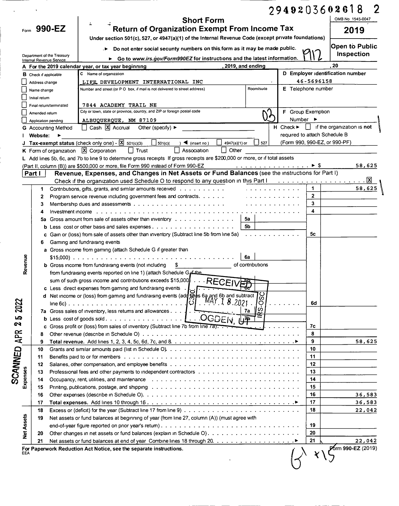 Image of first page of 2019 Form 990EZ for Life Development International