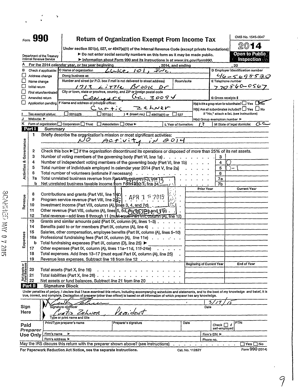 Image of first page of 2014 Form 990O for Luke 101