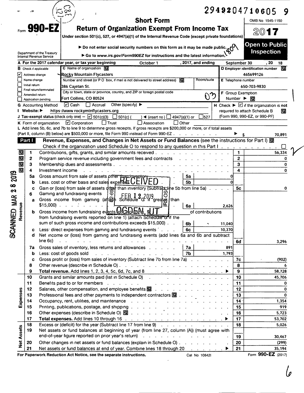 Image of first page of 2017 Form 990EZ for Trout Unlimited - 010 Rocky Mountain Flycasters