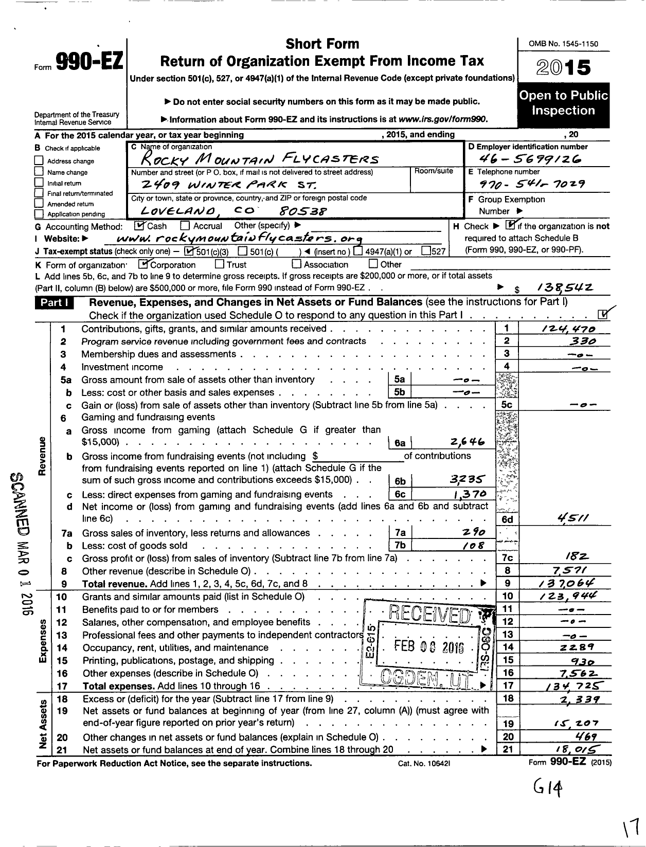 Image of first page of 2015 Form 990EZ for Trout Unlimited - 010 Rocky Mountain Flycasters