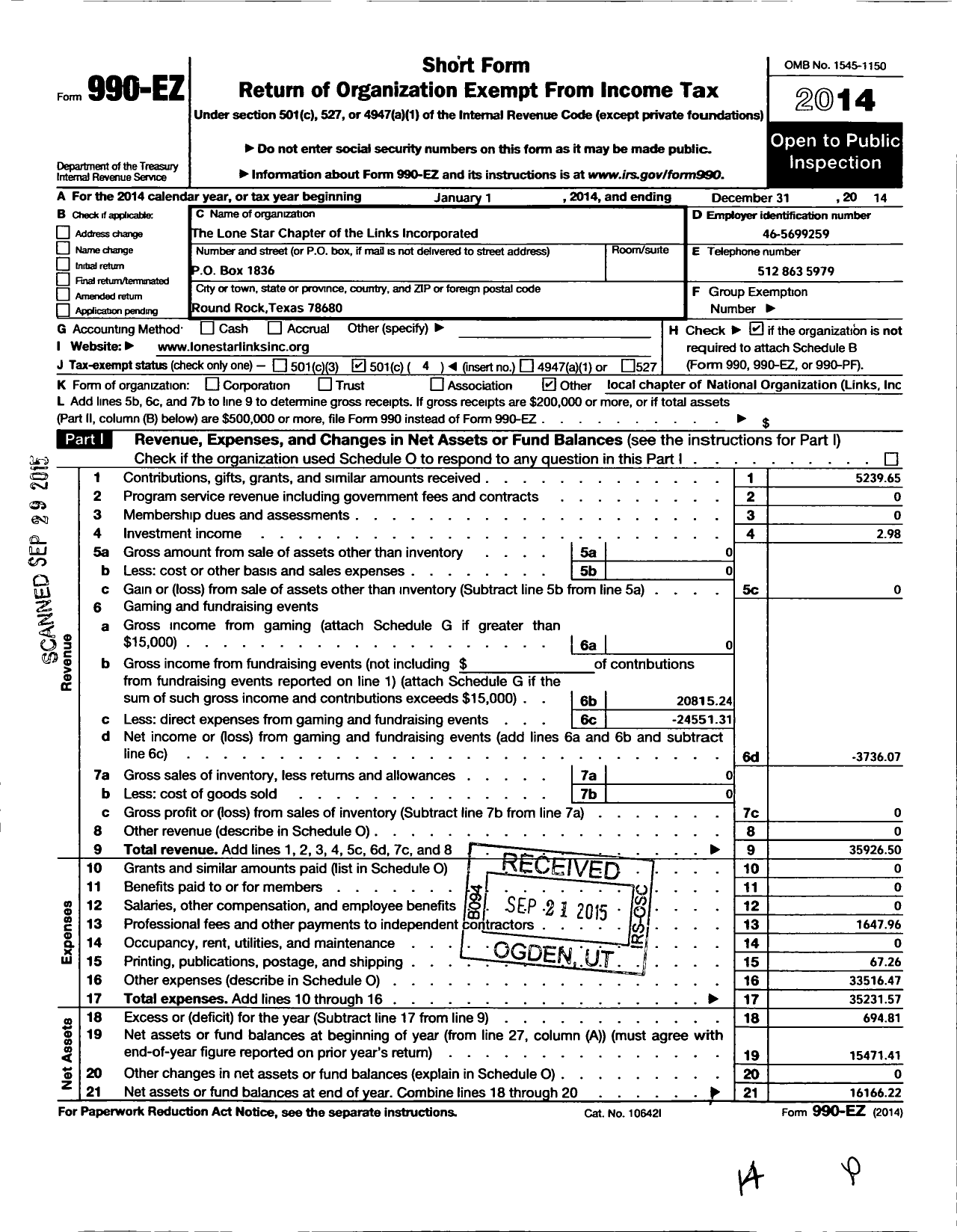 Image of first page of 2014 Form 990EO for Links / Lone Star