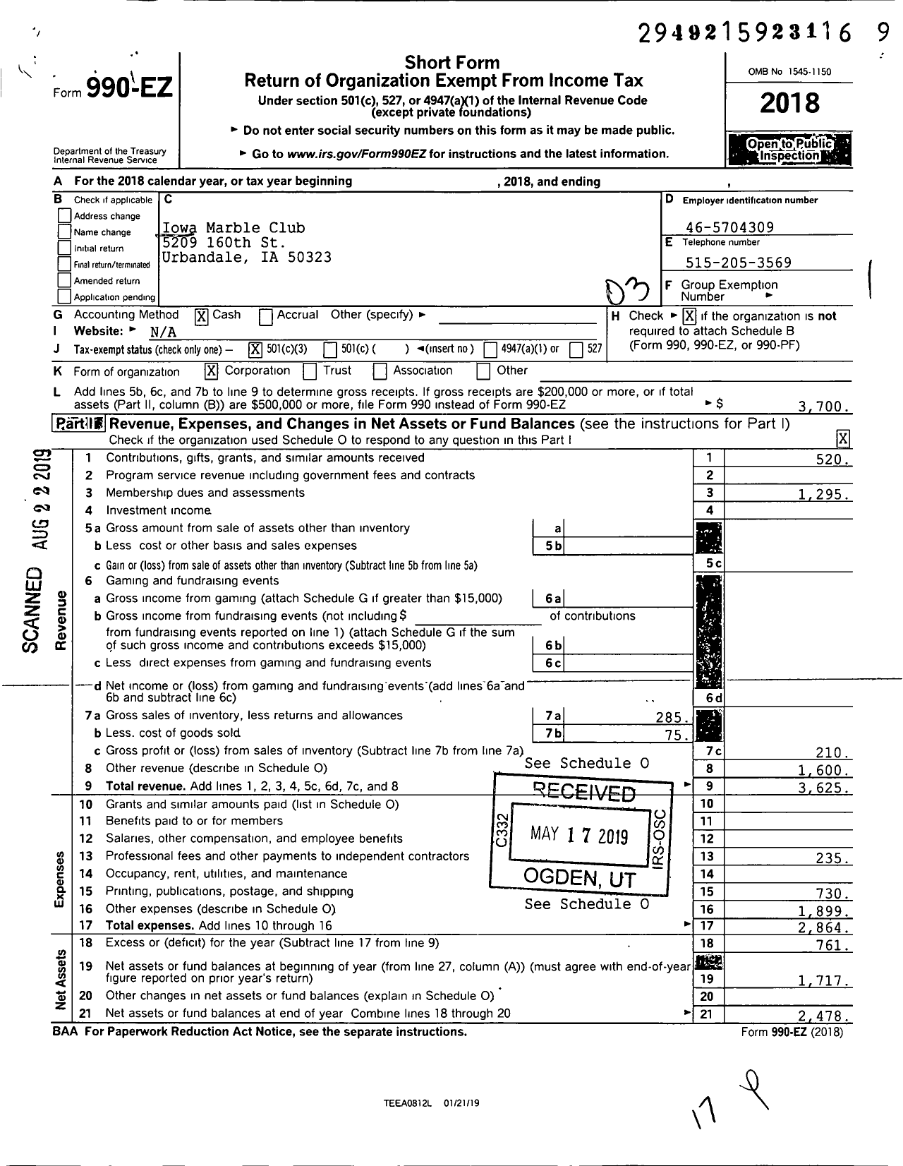 Image of first page of 2018 Form 990EZ for Iowa Marble Club