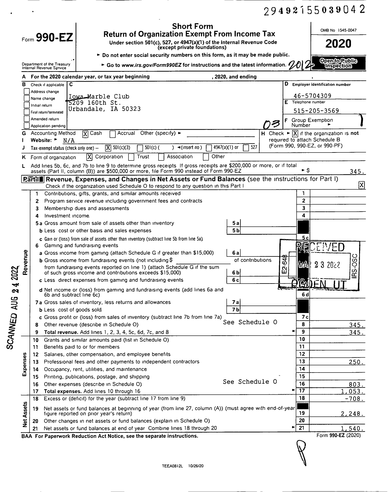 Image of first page of 2020 Form 990EZ for Iowa Marble Club