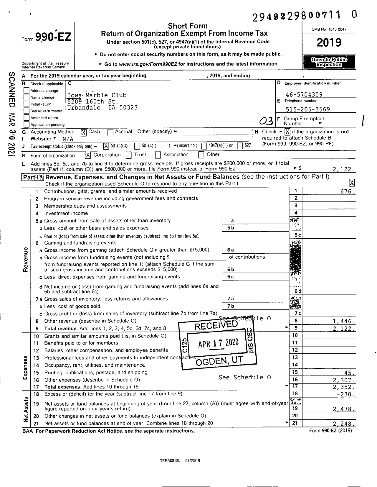 Image of first page of 2019 Form 990EZ for Iowa Marble Club