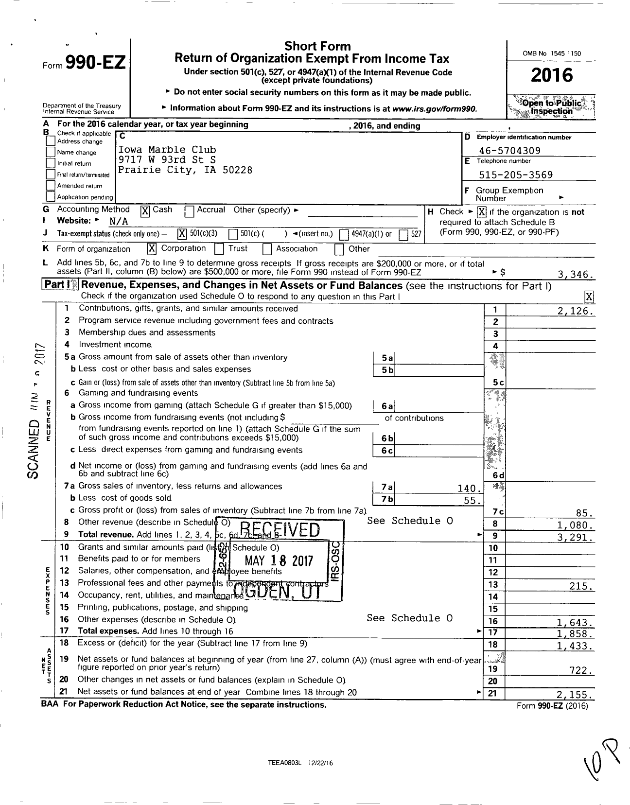 Image of first page of 2016 Form 990EZ for Iowa Marble Club