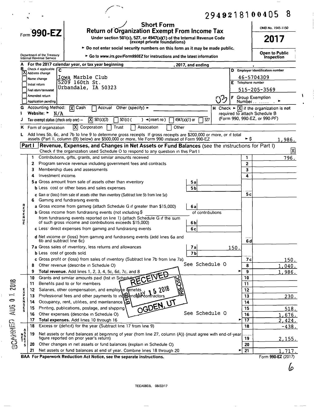 Image of first page of 2017 Form 990EZ for Iowa Marble Club