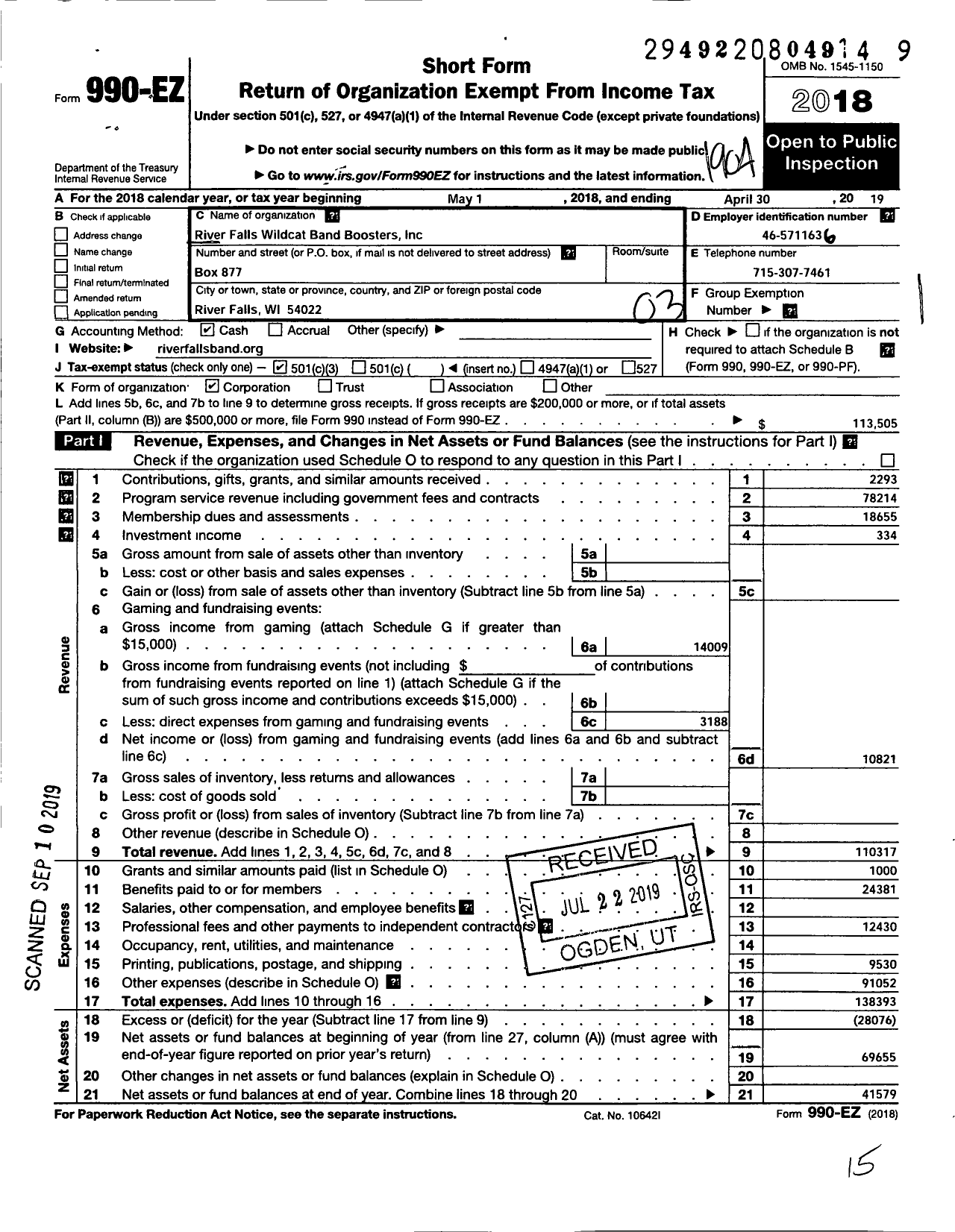 Image of first page of 2018 Form 990EZ for River Falls Wildcat Band Boosters