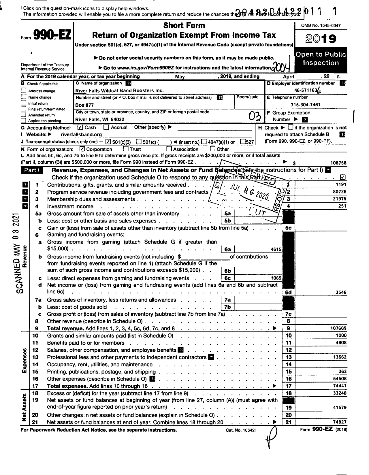 Image of first page of 2019 Form 990EZ for River Falls Wildcat Band Boosters