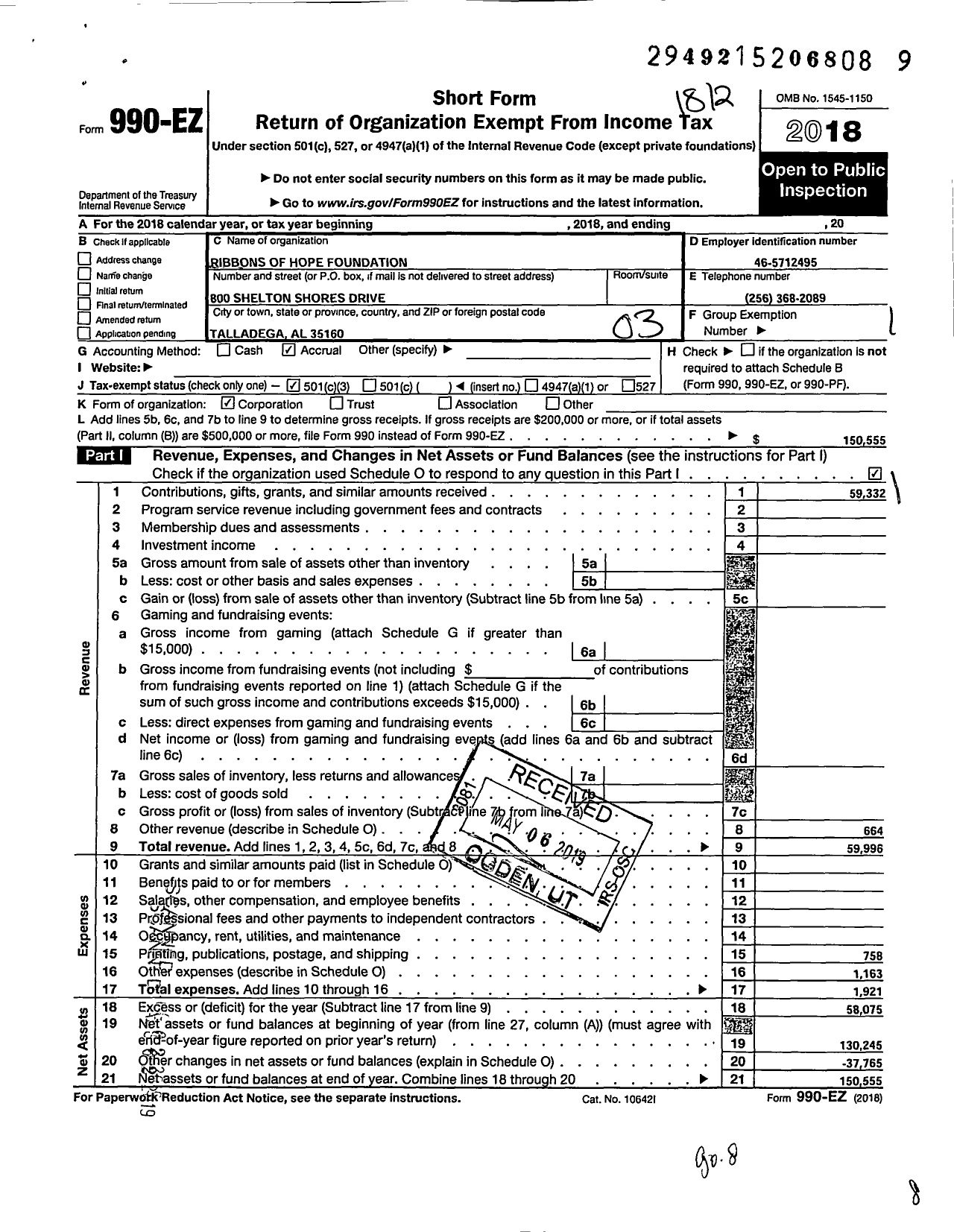 Image of first page of 2018 Form 990EZ for Ribbons of Hope Foundation