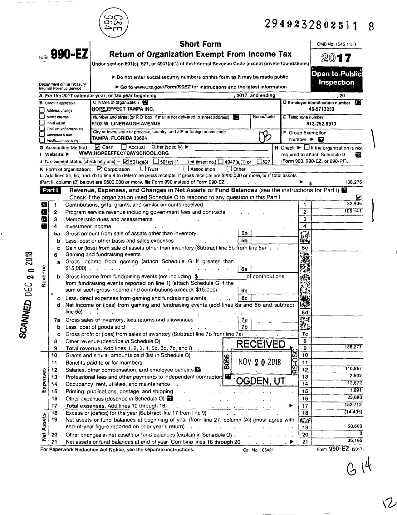 Image of first page of 2017 Form 990EZ for Hope Effect Tampa