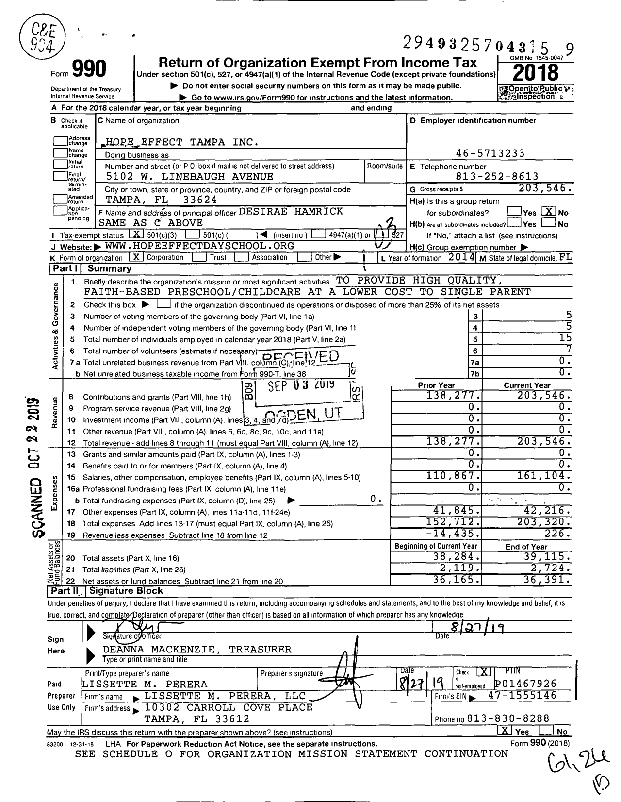 Image of first page of 2018 Form 990 for Hope Effect Tampa