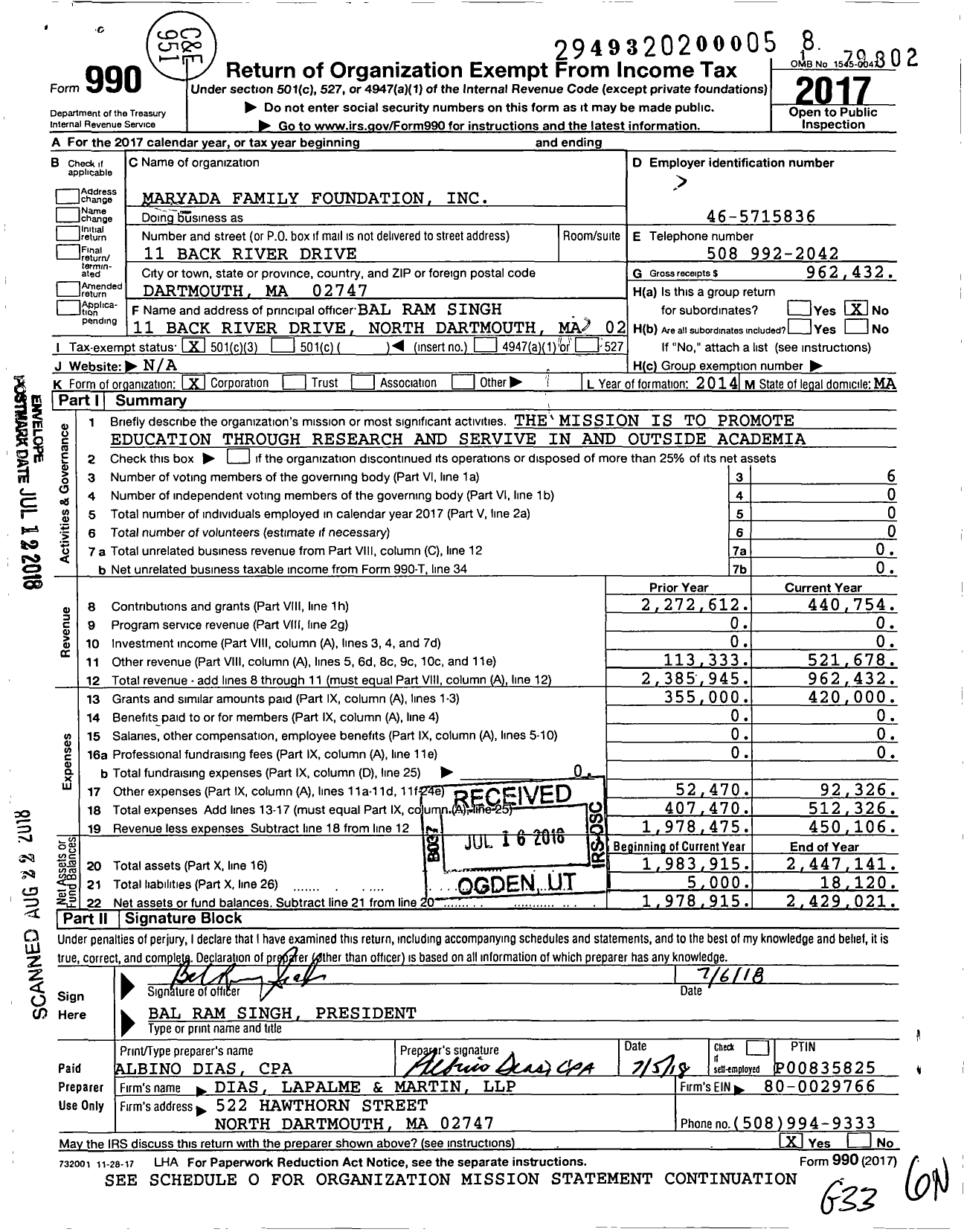 Image of first page of 2017 Form 990 for Maryada Family Foundation