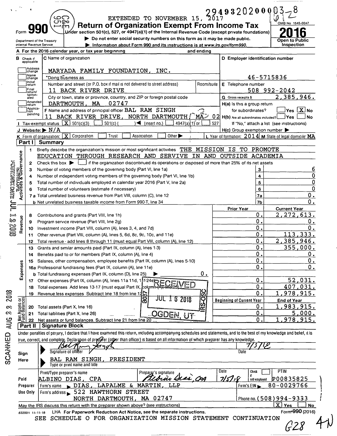 Image of first page of 2016 Form 990 for Maryada Family Foundation