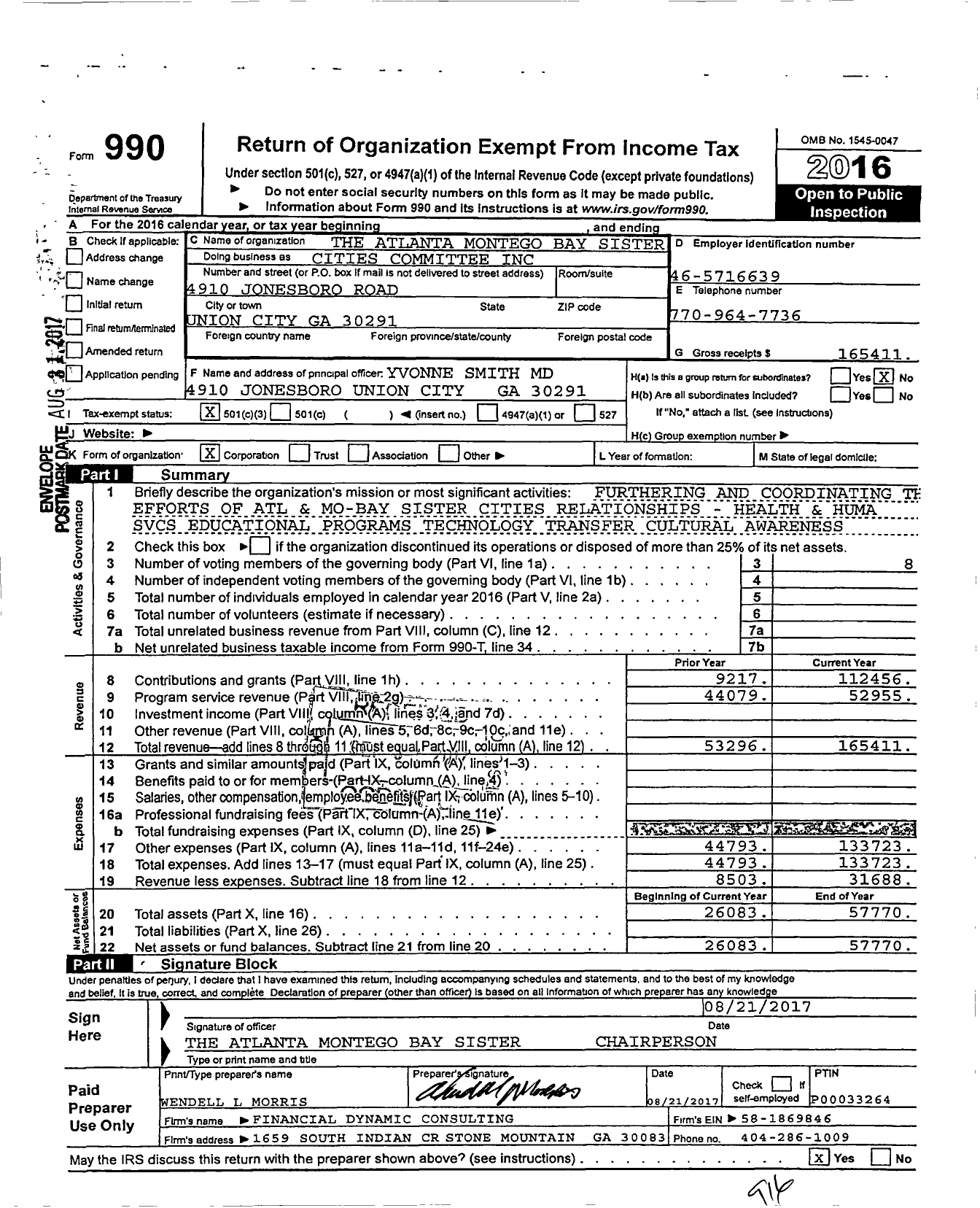 Image of first page of 2016 Form 990 for Atlanta Montego Bay Sister Cities