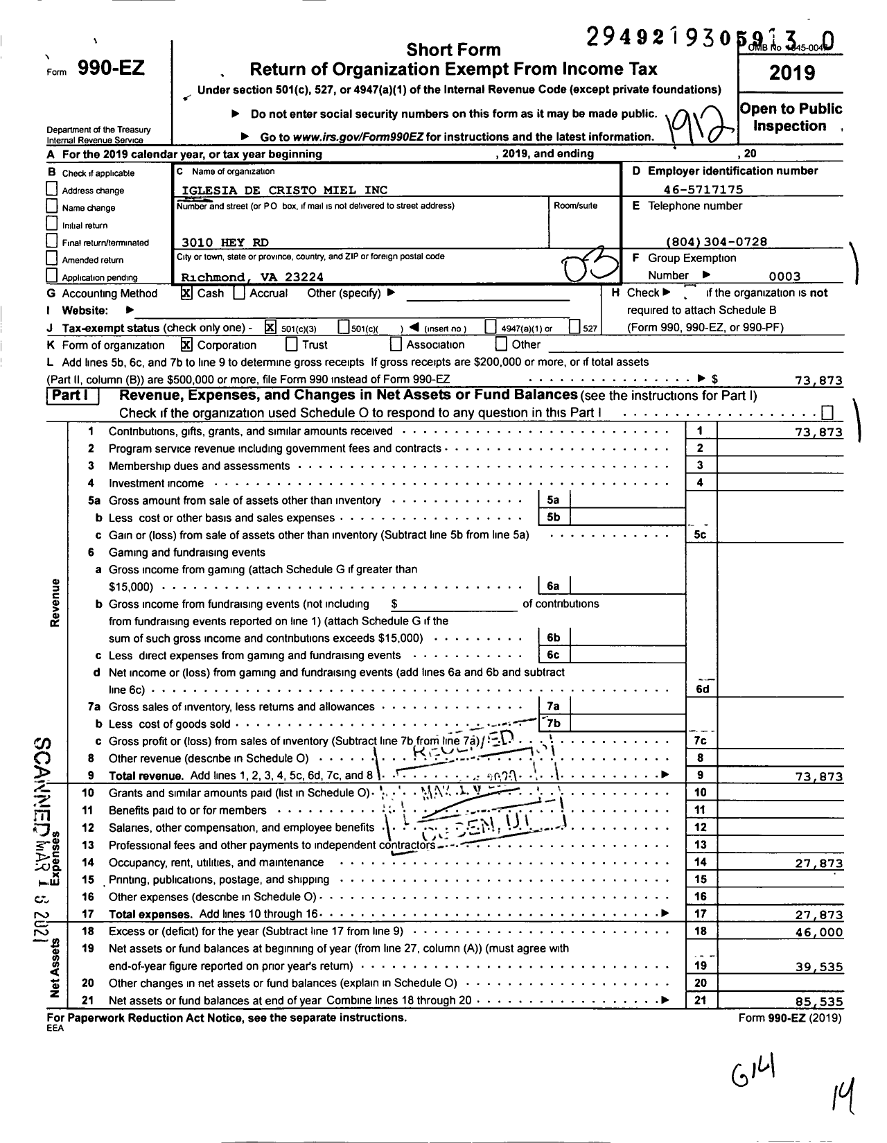 Image of first page of 2019 Form 990EZ for Iglesia de Cristo Miel