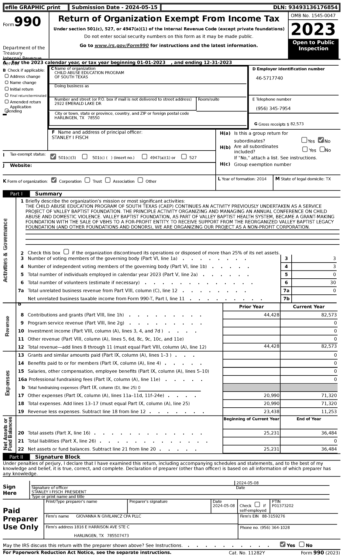 Image of first page of 2023 Form 990 for Child Abuse Education Program of South Texas