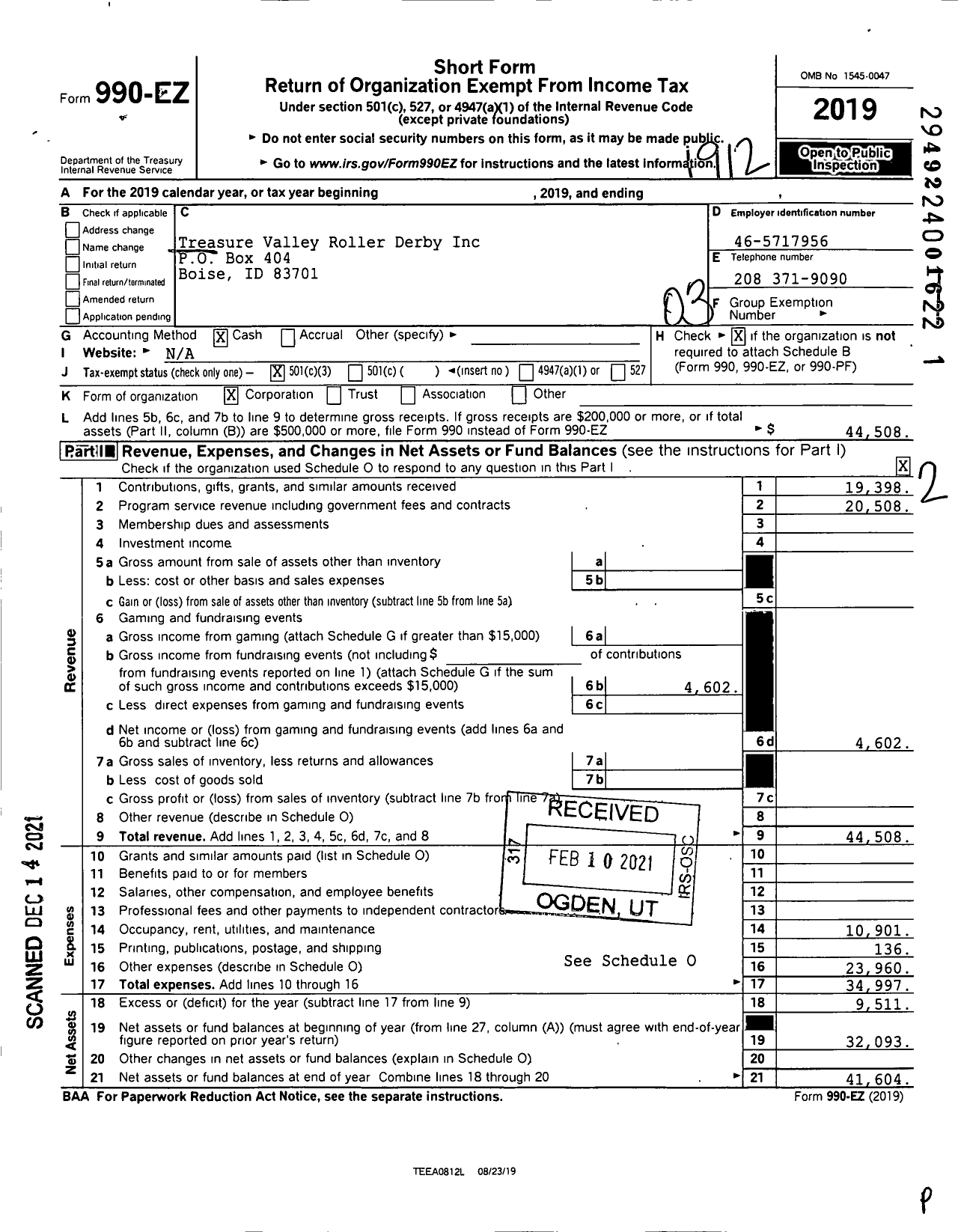 Image of first page of 2019 Form 990EZ for Treasure Valley Roller Derby