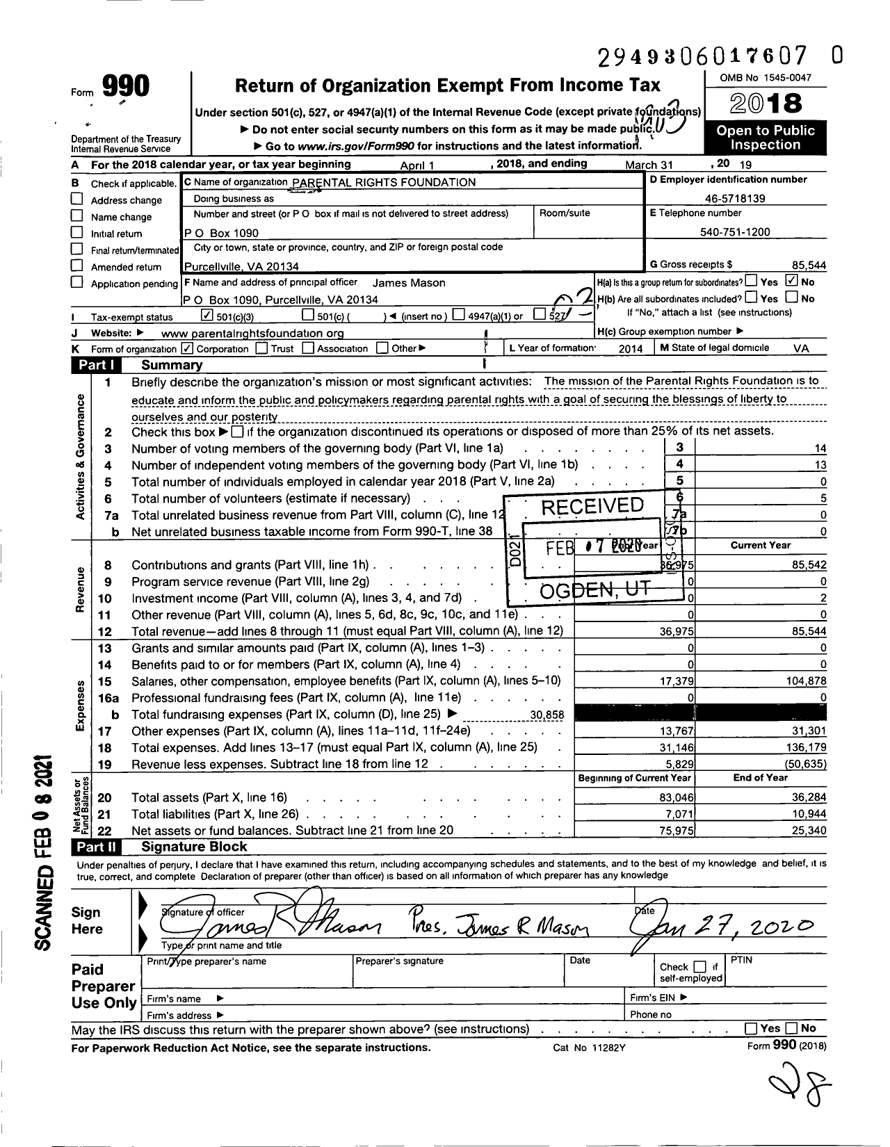 Image of first page of 2018 Form 990 for Parental Rights Foundation