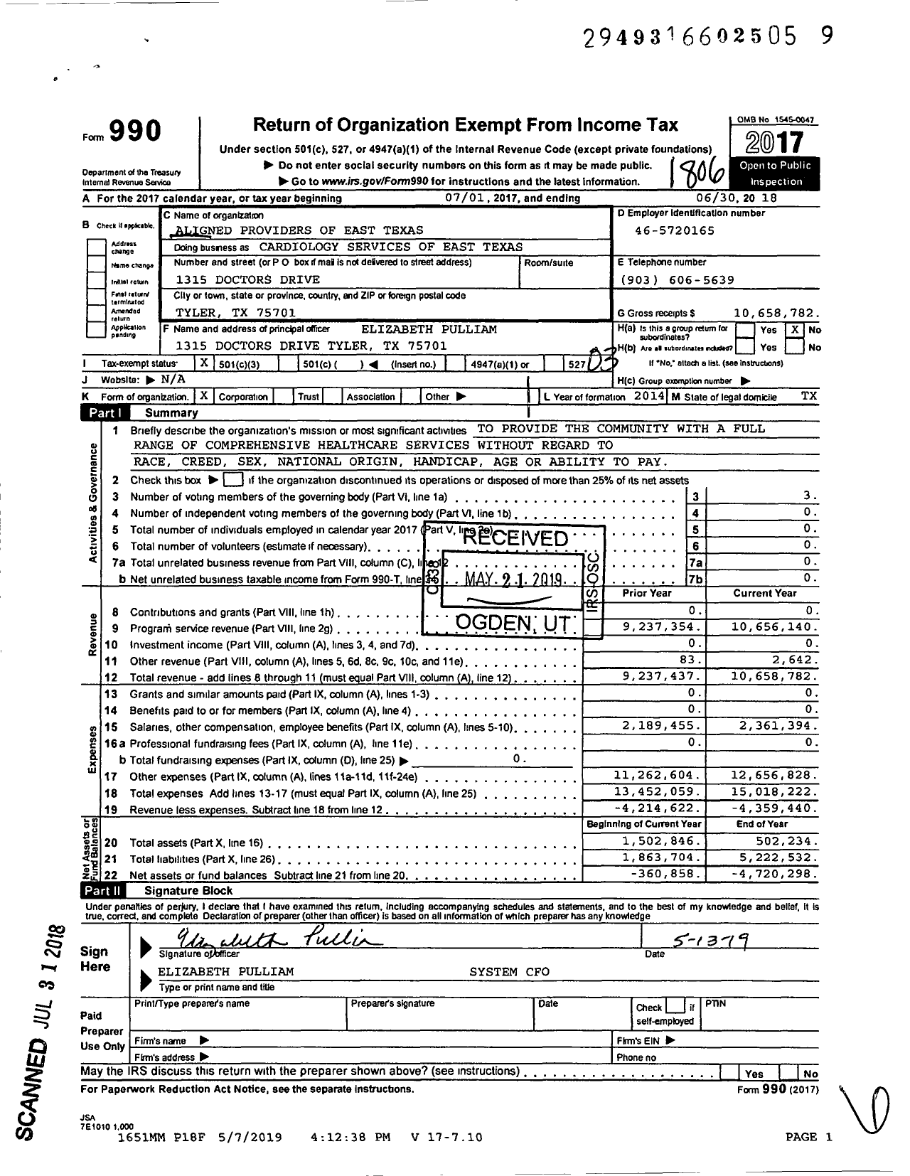 Image of first page of 2017 Form 990 for Cardiology Services of East Texas