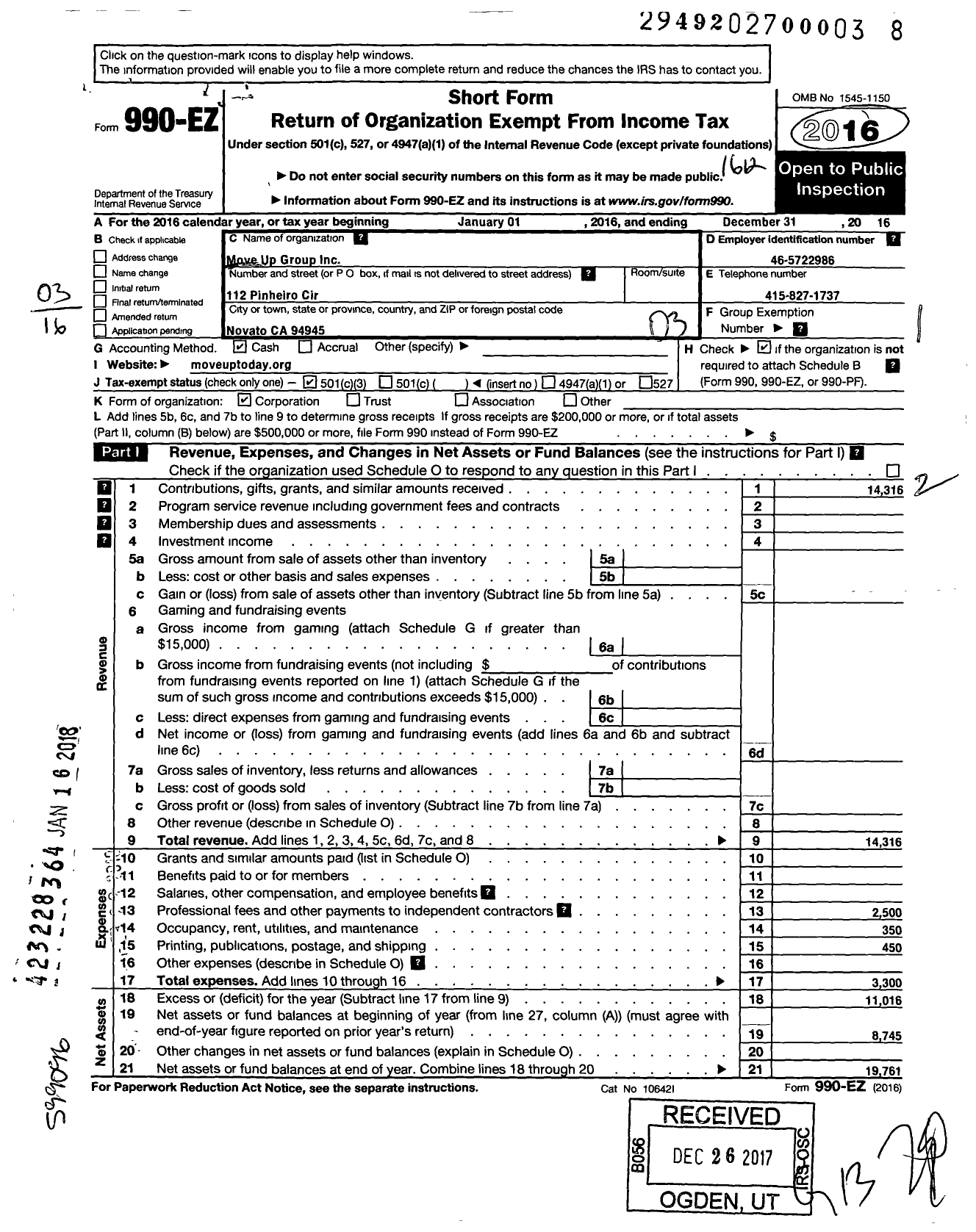 Image of first page of 2016 Form 990EZ for Move Up Group