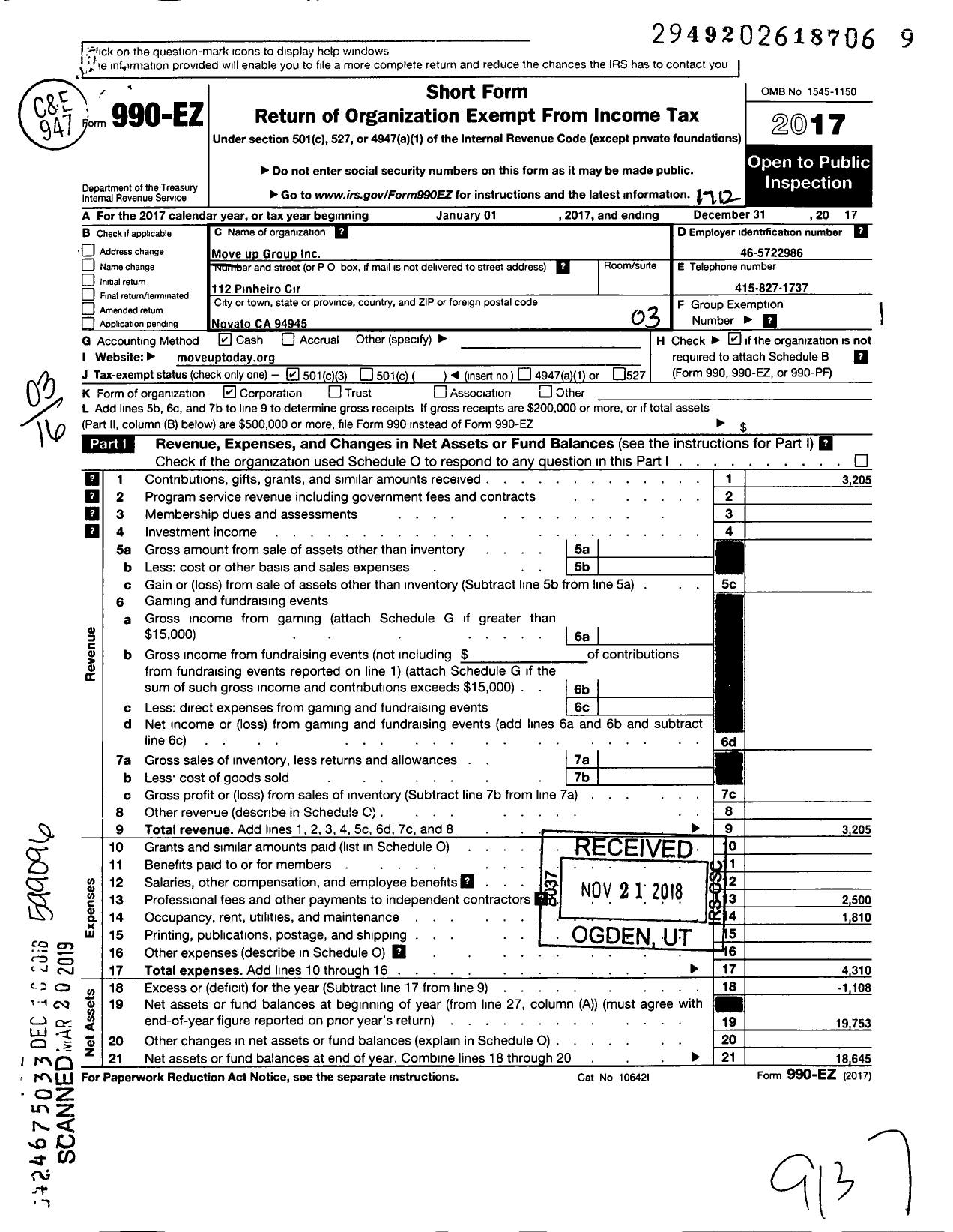 Image of first page of 2017 Form 990EZ for Move Up Group