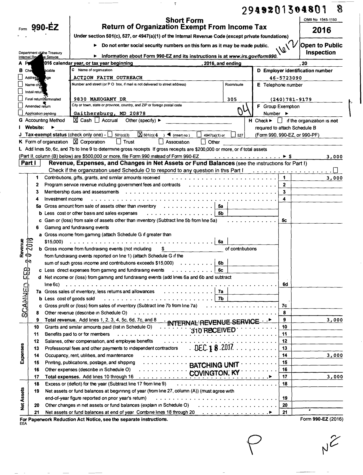 Image of first page of 2016 Form 990EO for Action Faith Outreach