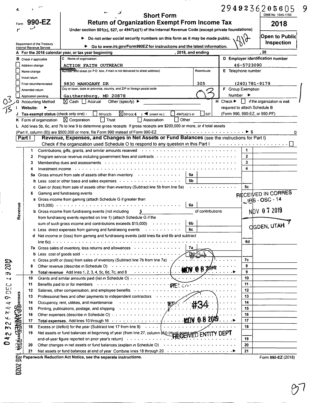 Image of first page of 2018 Form 990EZ for Action Faith Outreach