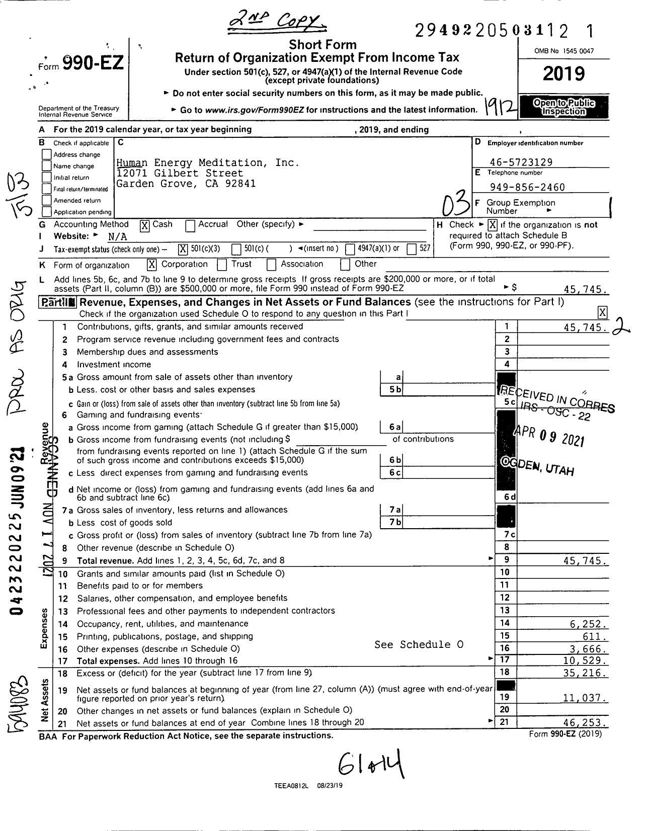 Image of first page of 2019 Form 990EZ for Human Energy Meditation