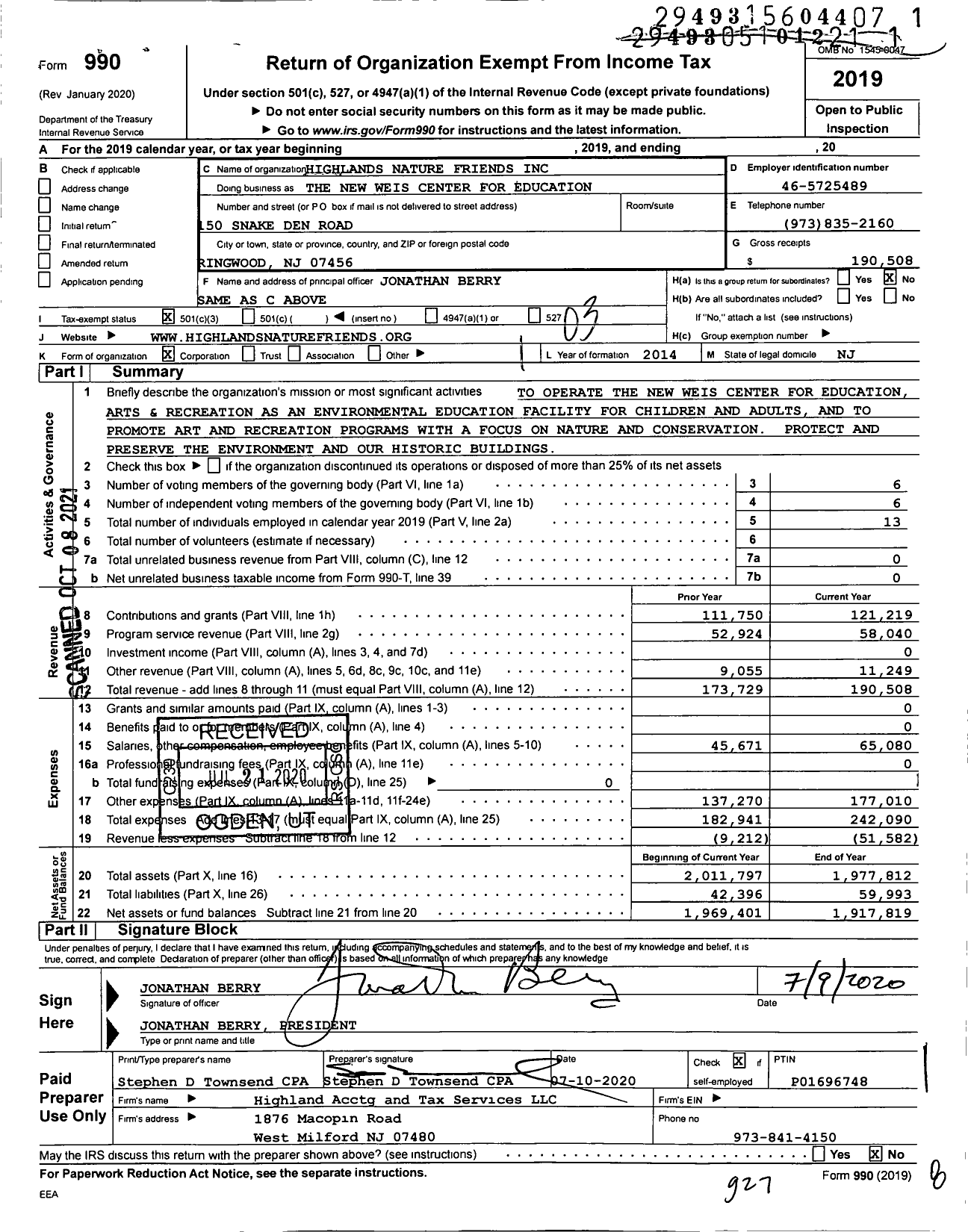 Image of first page of 2019 Form 990 for The New Weis Center for Educat