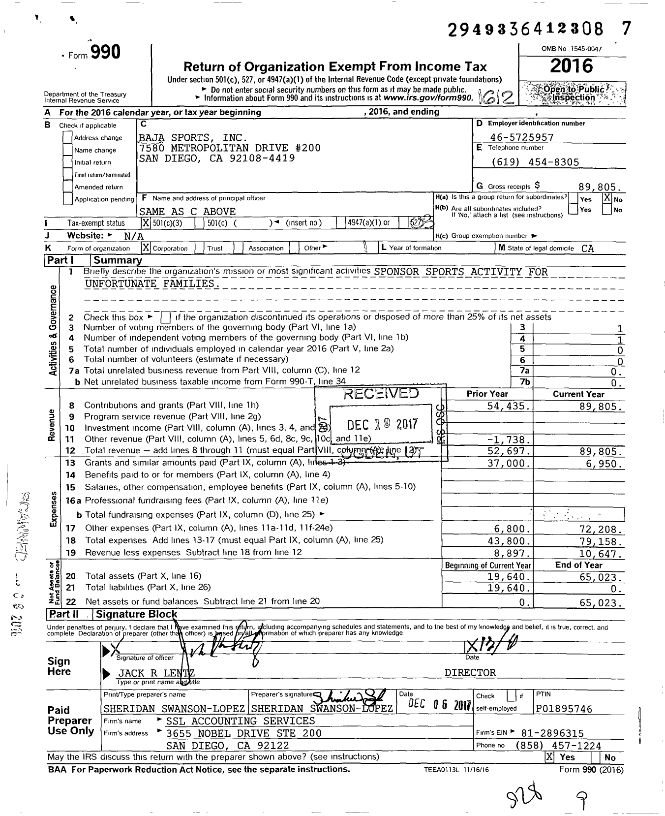 Image of first page of 2016 Form 990 for Baja Sports