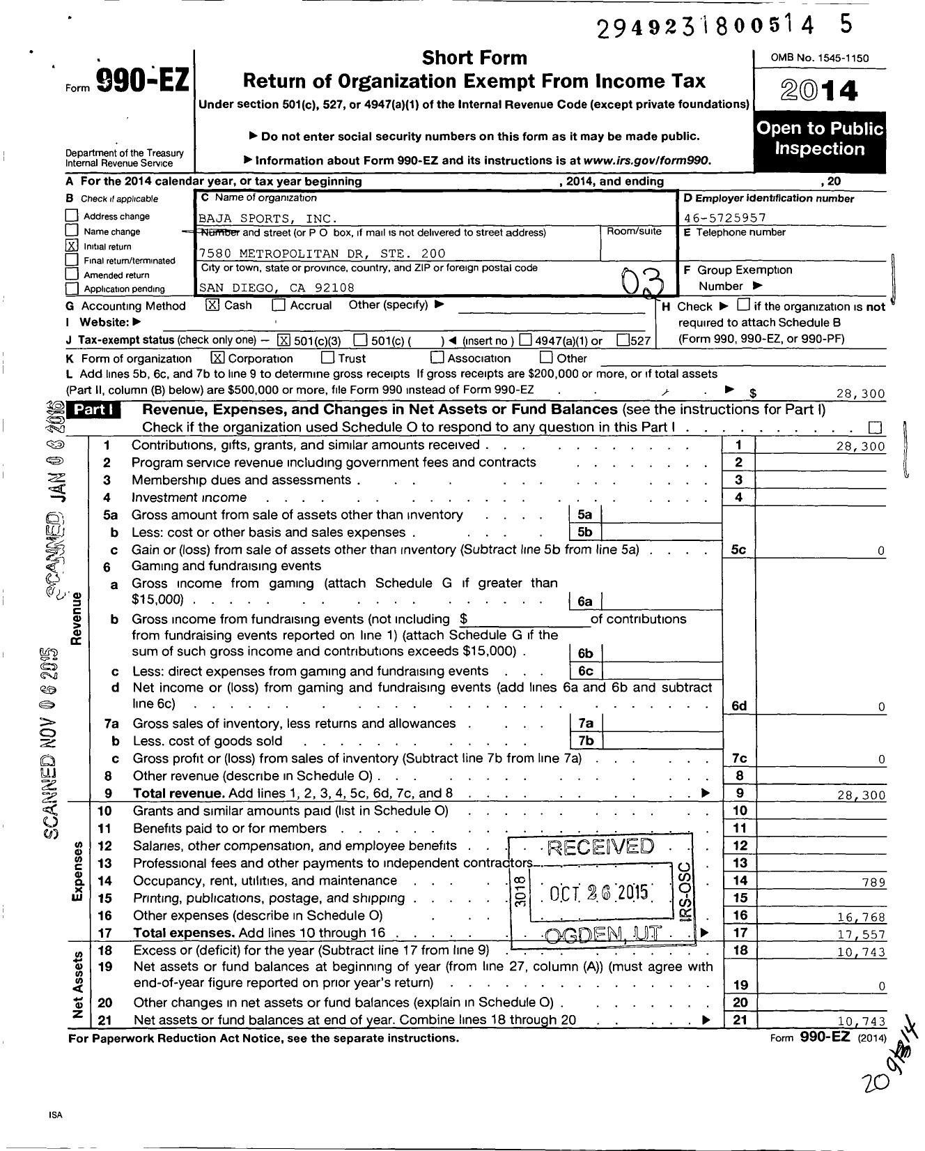 Image of first page of 2014 Form 990EZ for Baja Sports