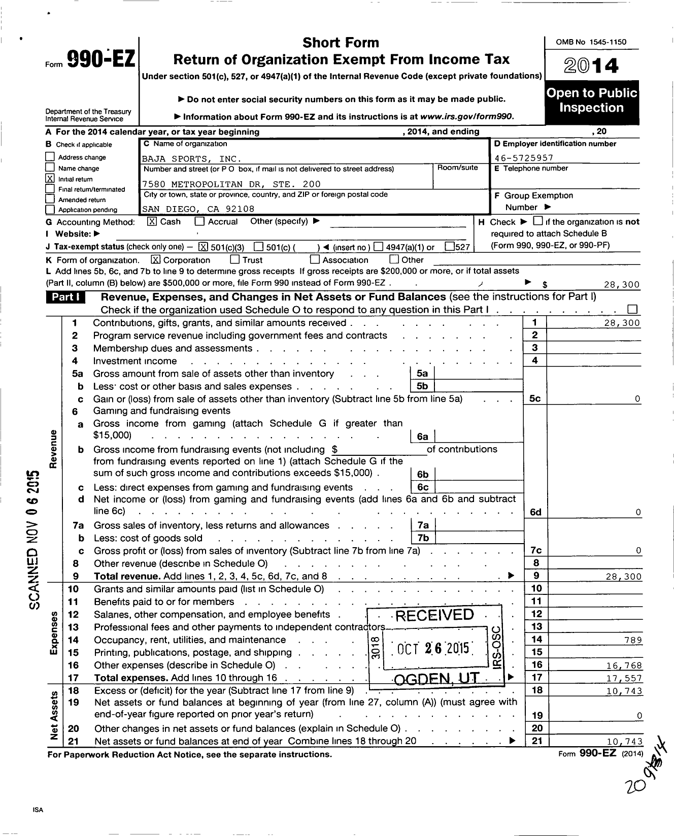 Image of first page of 2014 Form 990EZ for Baja Sports