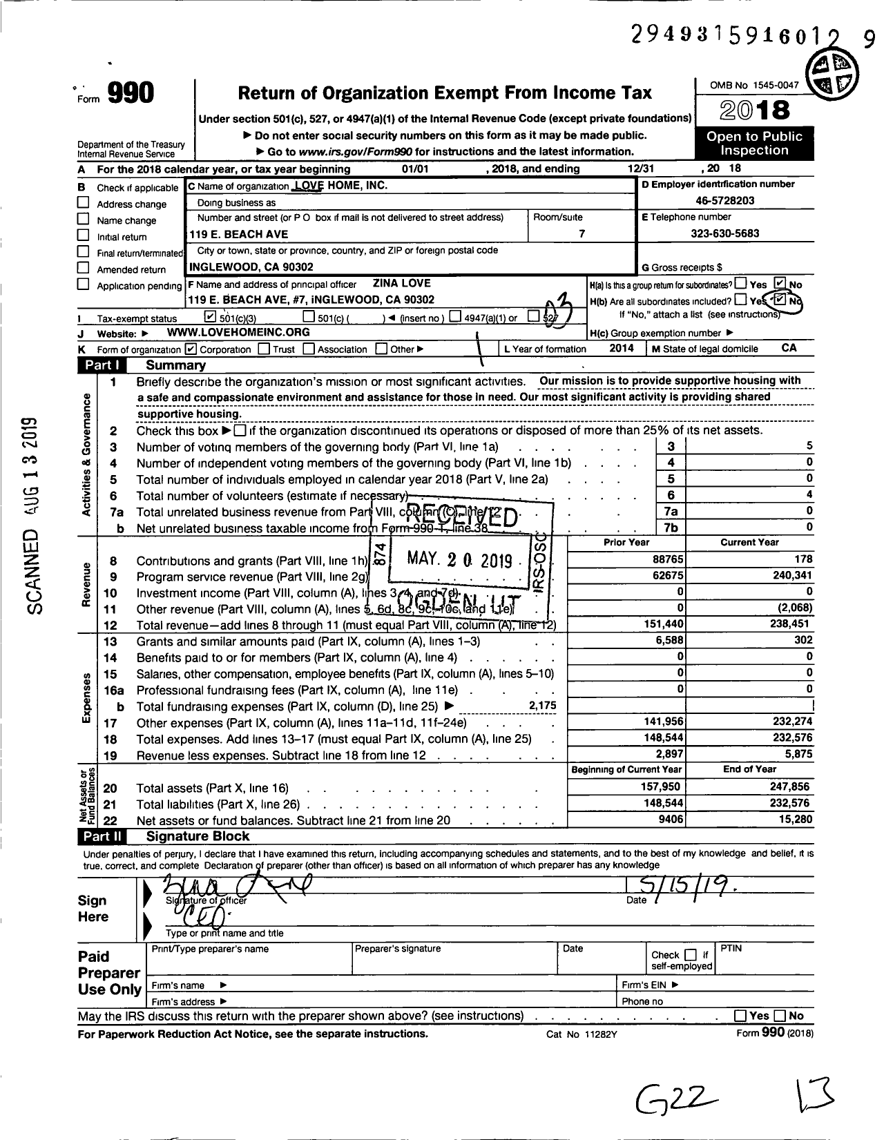 Image of first page of 2018 Form 990 for Love Home