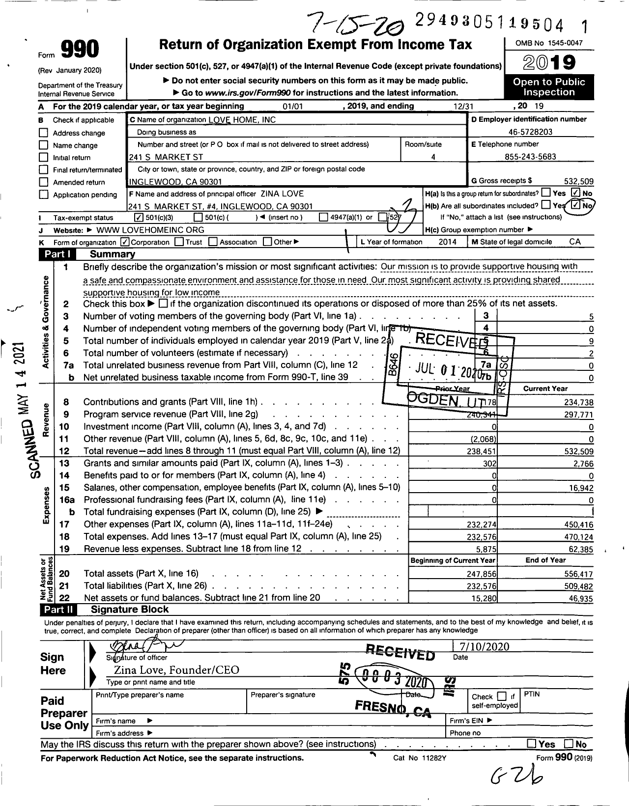 Image of first page of 2019 Form 990 for Love Home