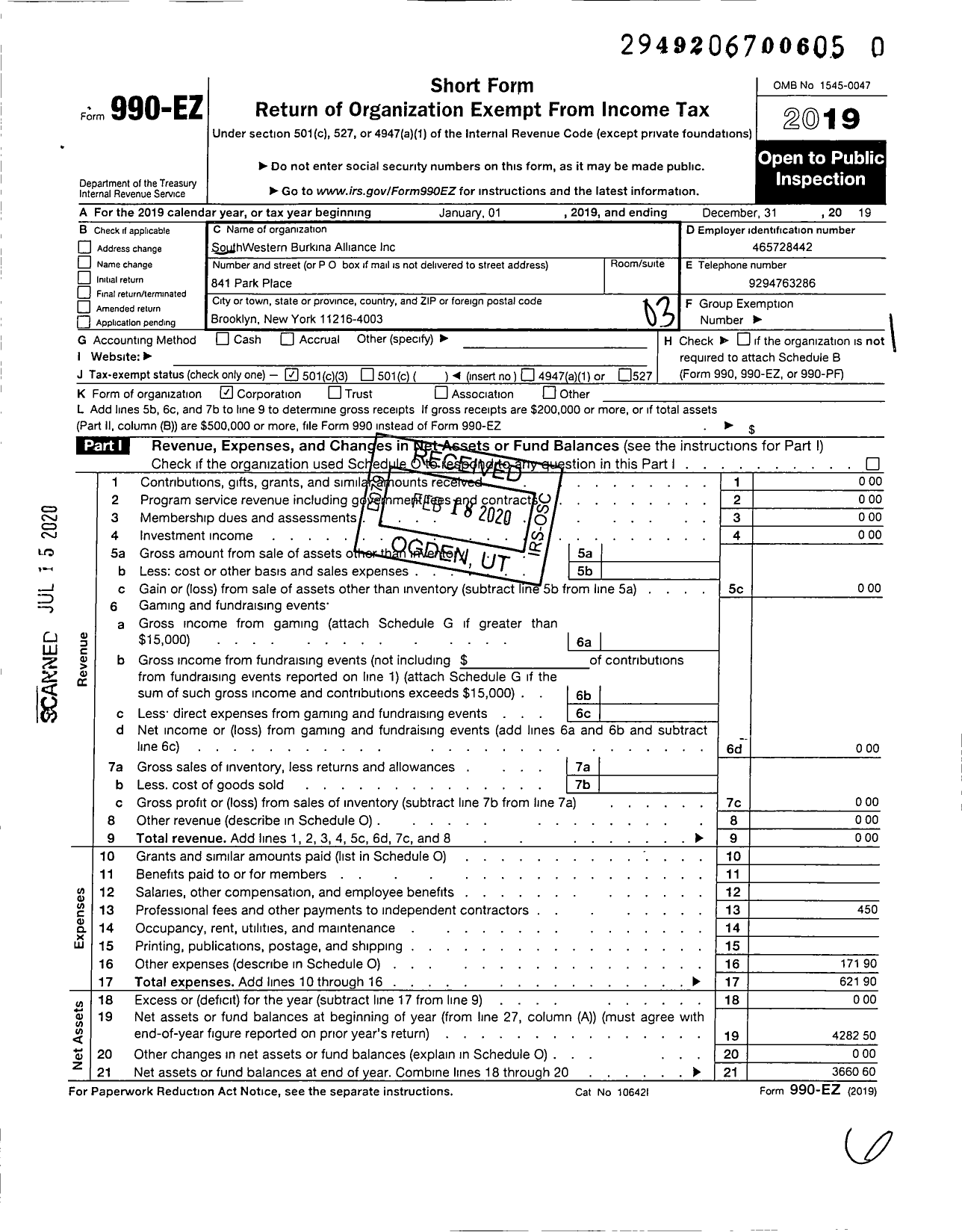 Image of first page of 2019 Form 990EZ for Southwestern Burkina Alliance