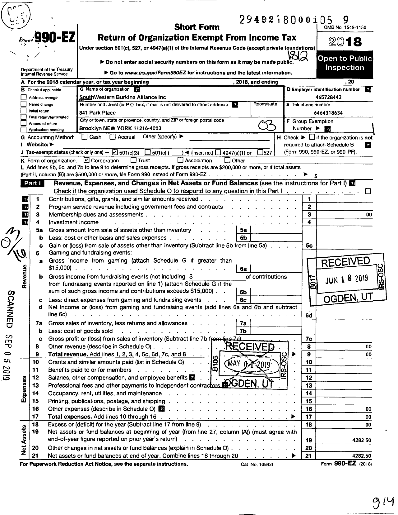 Image of first page of 2018 Form 990EZ for Southwestern Burkina Alliance