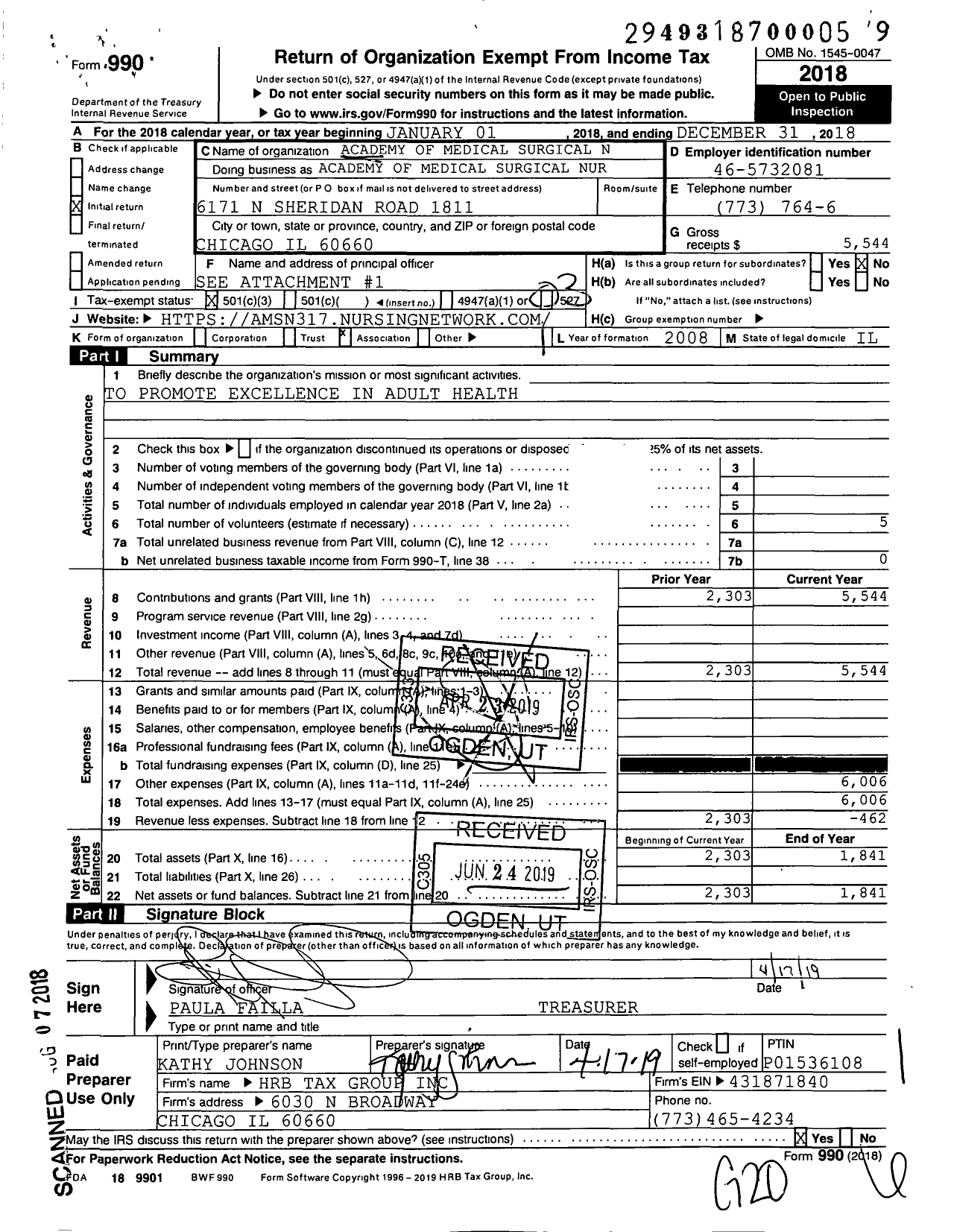 Image of first page of 2018 Form 990 for Academy of Medical Surgical Nurses Chicago Chapter 317