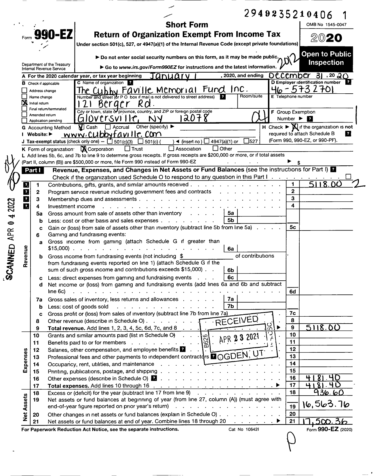 Image of first page of 2020 Form 990EO for Cubby Faville Memorial Fund