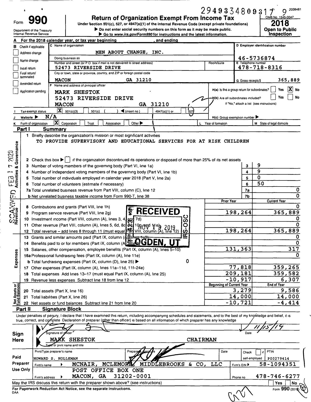 Image of first page of 2018 Form 990 for Men About Change