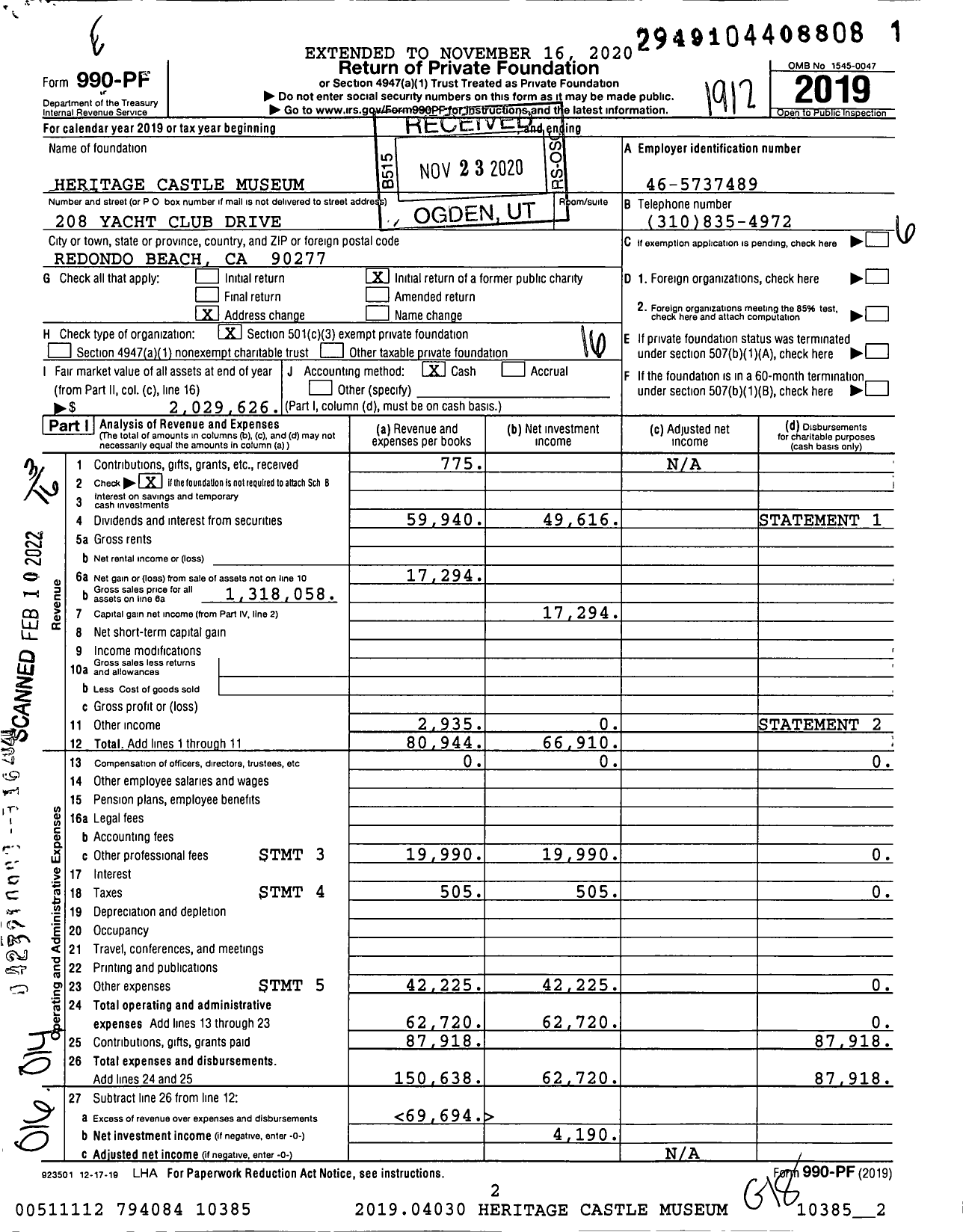 Image of first page of 2019 Form 990PF for Heritage Castle Museum