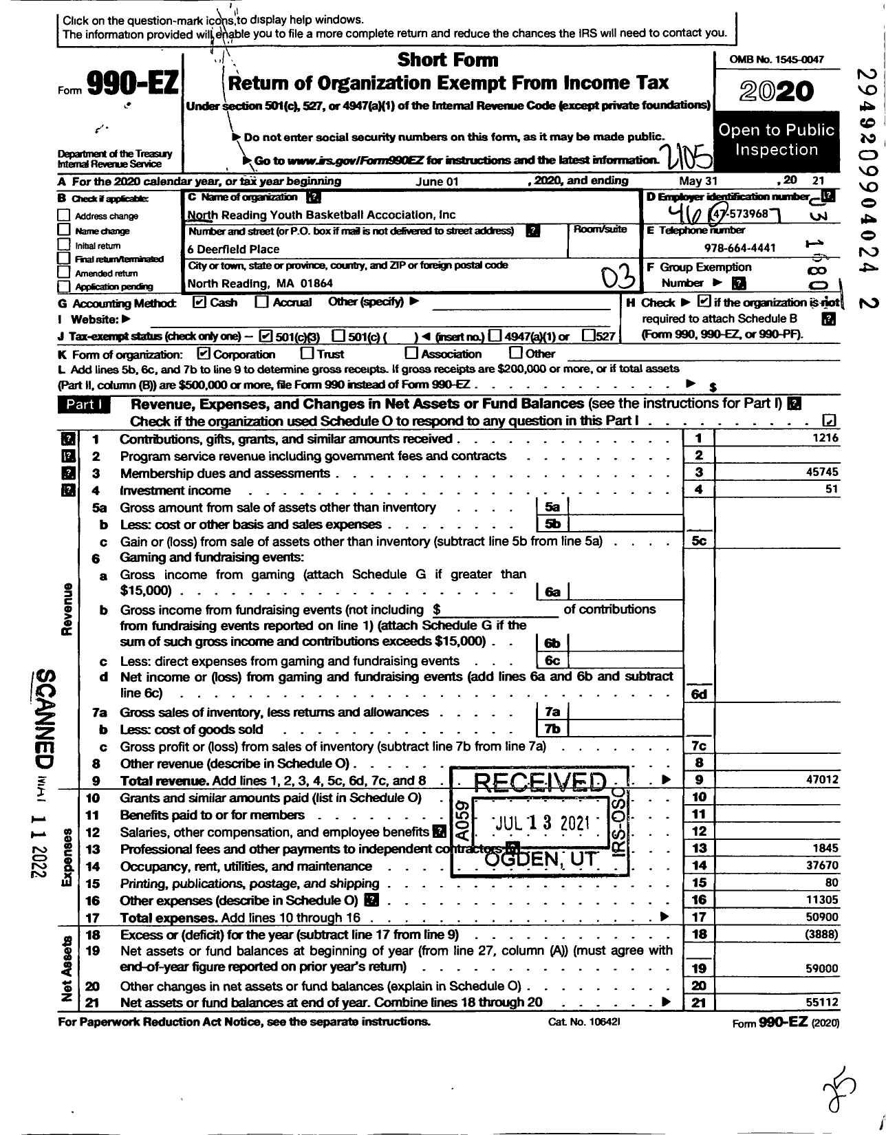 Image of first page of 2020 Form 990EZ for North Reading Youth Basketball Association