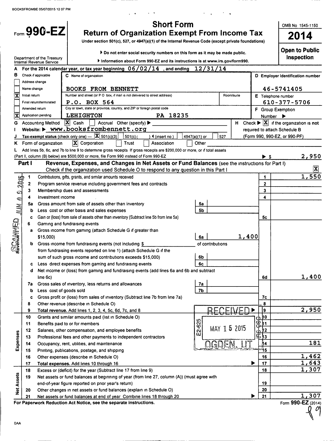 Image of first page of 2014 Form 990EZ for Books From Bennett