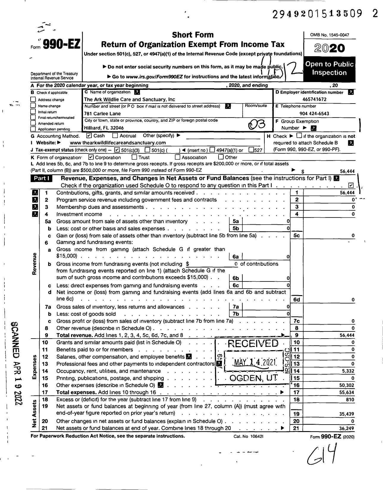 Image of first page of 2020 Form 990EZ for Ark Wildlife Care and Sanctuary