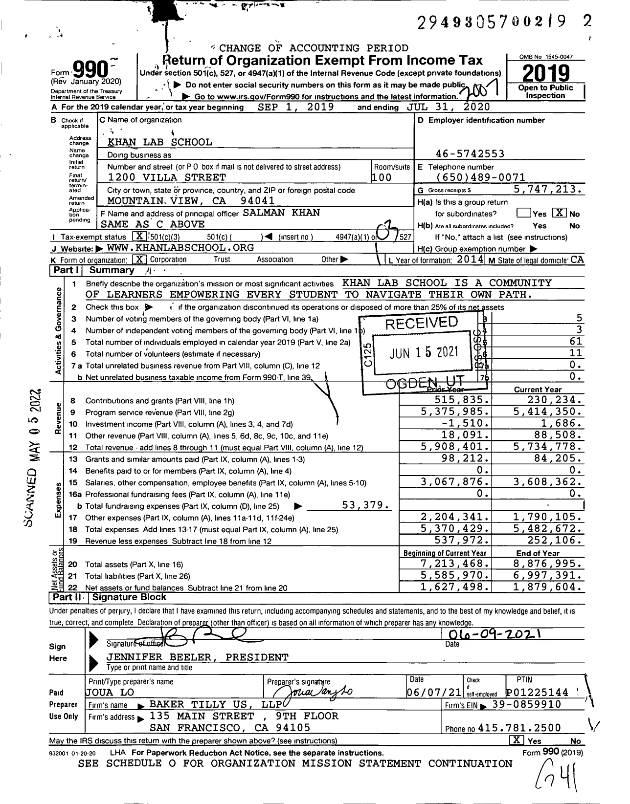Image of first page of 2019 Form 990 for Khan Lab School