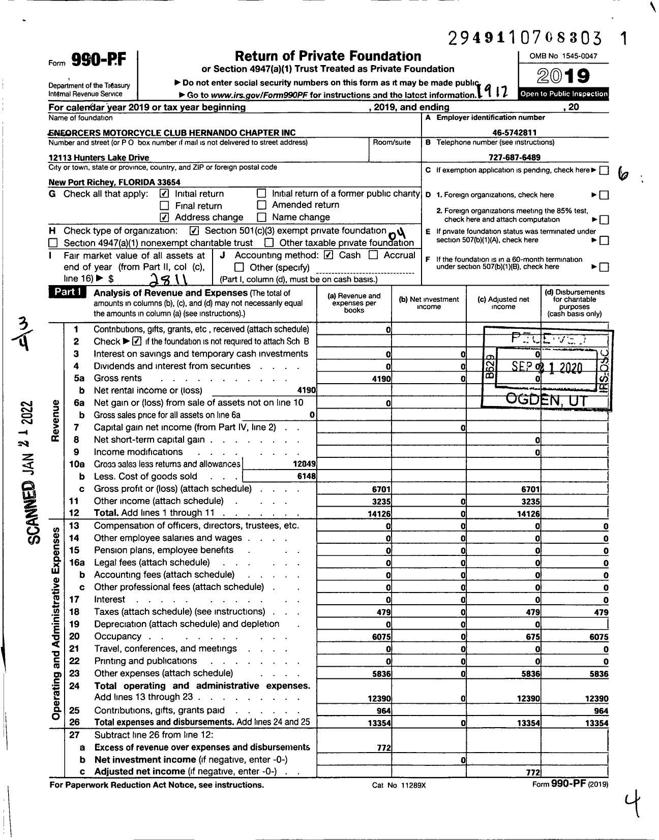 Image of first page of 2019 Form 990PF for Enforcers Motorcycle Club Hernando Chapter