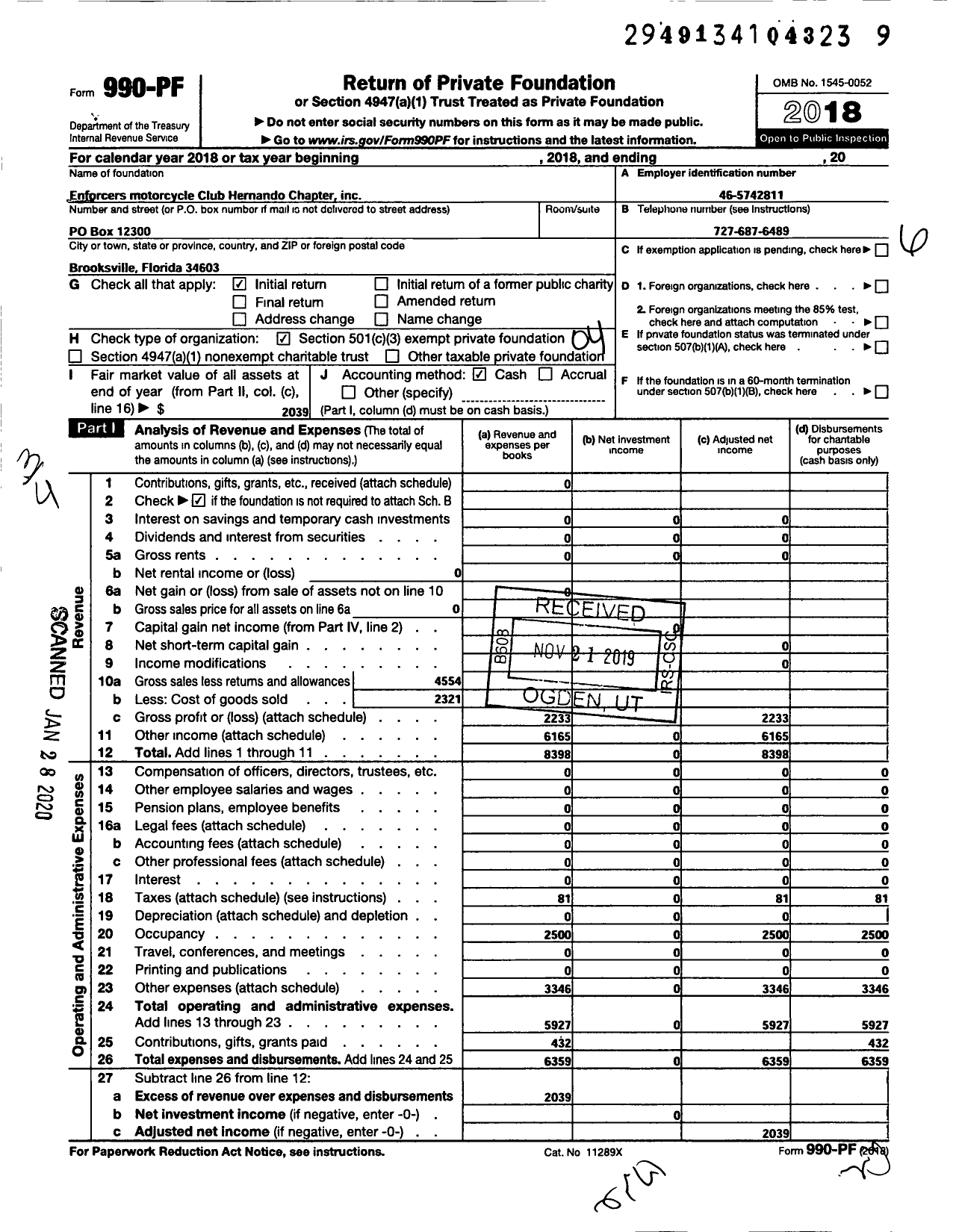 Image of first page of 2018 Form 990PF for Enforcers Motorcycle Club Hernando Chapter