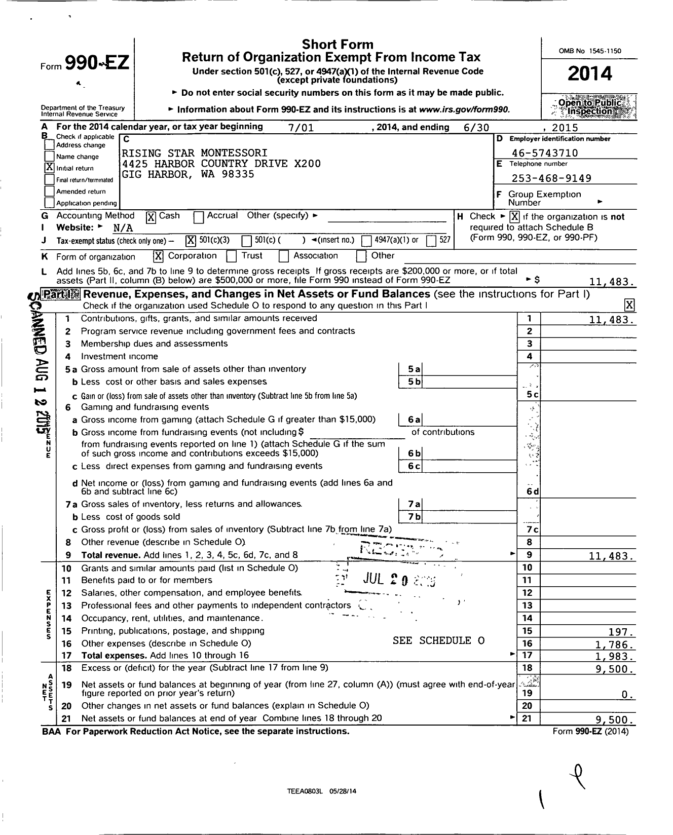 Image of first page of 2014 Form 990EZ for Rising Star Montessori